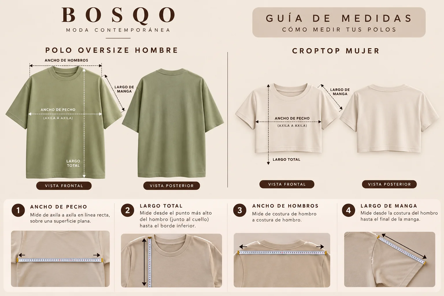 Guía visual BOSQO: cómo medir el polo oversize de hombre y el croptop de mujer (ancho de pecho, largo total, ancho de hombros y largo de manga)